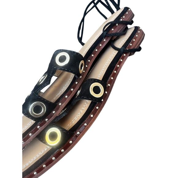 Maje Black Suede Lace Up Flat Sandals Size 40 Grommet Eyelet Detail Boho Resort - Picture 9 of 10